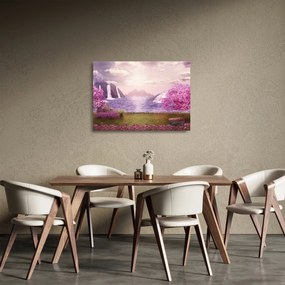 Sklenený obraz ružových stromov s jazerom (70x50 cm)