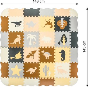 KIK Penová puzzle podložka a ohrádka pre deti, dinosaury, hnedá, 143 x 143 cm