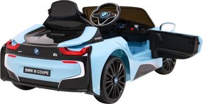 Ramiz BMW I8 Lift Battery Car Modrá + diaľkové ovládanie + pomalý štart + 3-bodové pásy + MP3 USB + LED