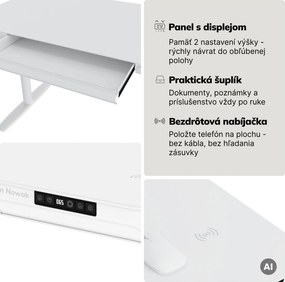 Elektrický písací stôl sit-stand so zásuvkou a bezdrôtovou nabíjačkou Qi biely, 1200 mm: ELLIS