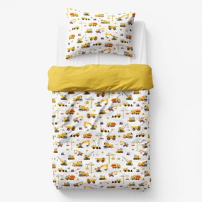 Goldea detské bavlnené obliečky duo - nákladné autá a bagre s medovo žltou 140 x 200 a 70 x 90 cm