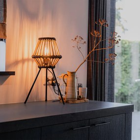 Rustikálna trojnohá stolová lampa bambusová s čiernou - Evalin