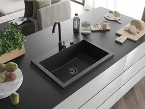Mexen Elix, 1-korový granitový drez 700 x 500 mm, čierna/strieborná metalíza, čierny sifón, 6526701005-73-B