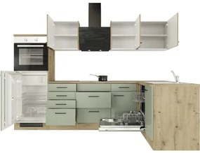 Rohová kuchynská linka so spotrebičmi Cara 280 cm farba čela zelená dub matná farba korpusu dub