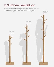 VASAGLE vešiak na oblečenie, masívny drevený vešiak 175 cm, prírodná béžová