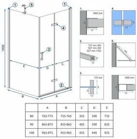 Rea Molier, sprchová kabína 90(dvere) x 80(stena) x 190 cm, 6mm číre sklo, chrómový profil, KPL-K1539
