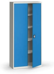 Plechová policová skriňa, 1950 x 950 x 400 mm, 4 police, sivá / modrá
