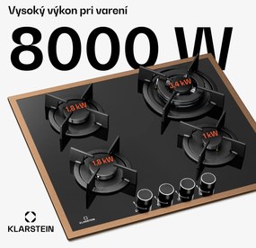 Klarstein Lumiflame plynová varná doska, 4 horáky, medený rám, elektrické zapaľovanie, výkon 8 kW