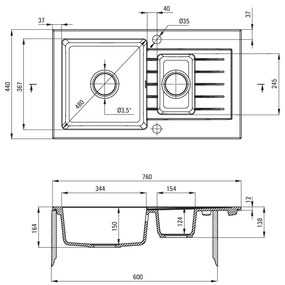 Deante Zorba, granitový drez 760x440x164 mm Z/O, 3,5" + priestorovo úsporný sifón, 1,5-komorový, grafitová, ZQZ_2513