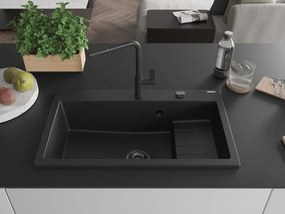 Mexen Omar, 1-komorový granitový drez 800x480x210 mm, čierny, grafitový sifón, 6520801005-77-B