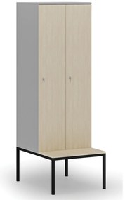 Drevená šatníková skrinka S4 s lavičkou, 2 oddiely, 1871 x 600 x 500/800 mm, demont, cylindrický zámok, sivá/breza