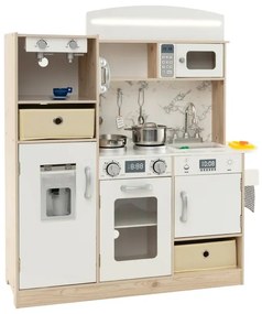 Detská kuchynská súprava, drevená kuchynka s nastaviteľnými LED svetlami, odnímateľnými látkovými košmi a policami, biela