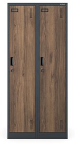 Kovová šatňová dvojmodulová skriňa na sokli s policou KACPER, 800 x 1800 x 500 mm, Eco Design: antracitová/ orech