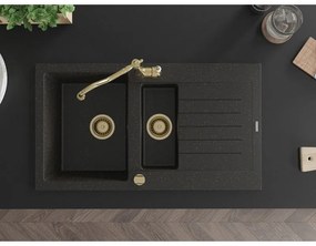 Mexen Matias, granitový drez 900x505x200 mm, 1,5-komorový a drezová batéria Carla, čierna-zlatá metalíza, 6502-75-670700-50