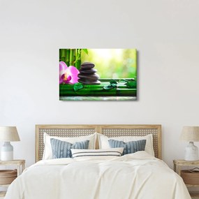 Obraz masážnych kameňov a orchidey na vode (90x60 cm)