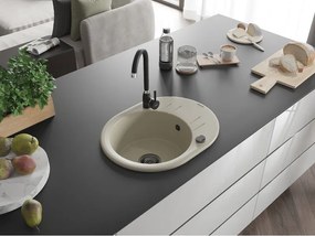 Mexen Kevin, granitový drez 586x458x190 mm, 1-komorový, béžová s čiernym sifónom, 6517581005-69-B