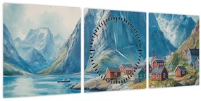 Obraz - Nórska dedinka (s hodinami) (90x30 cm)