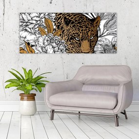 Obraz - Leopard medzi kvetmi (120x50 cm)