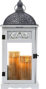 Drevený lampáš s čipkovanou ozdobou MSL2086 - biely (22x22x50 cm) - vidiecky štýl