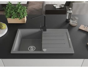 Mexen Bruno, drez granitový 795x495x200 mm, 1-komorový, šedá s chrómovým sifónom a čierna drezová batéria Rita, 6513-71-670300-70