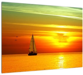 Sklenený obraz západu slnka s jachtou (70x50 cm)