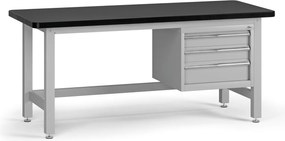 Pracovný stôl do dielne G4 so závesným boxom na náradie, MDF + PVC doska, 3 zásuvky, 1800 x 750 x 800 mm, sivá