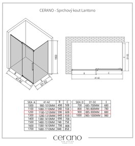 CERANO - Sprchovací kút Lantono L/P - 8 mm - čierna matná, grafitové sklo - 120x90 cm - posuvný, CER-CER-8050BD7521