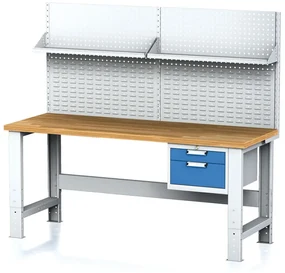 Alfa 3 Nastaviteľný dielenský stôl MECHANIC I, závesný box na náradie, nadstavba, polica, 2 zásuvky, 2000x685x700-1055 mm, modré