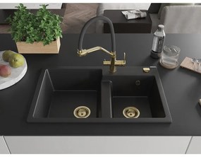 Mexen Tomas, 2-komorový granitový drez 800x500x190 mm  a kuchynská batéria Duo, čierna, 6516-77-671701-57-G