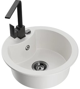 Mexen Diego, 1-komorový granitový drez 488x488x167 mm, čierny sifón, čierna matná batéria Rita, biela, 6512-20-670300-70