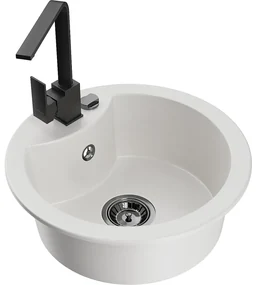 Mexen Diego, 1-komorový granitový drez 488x488x167 mm, čierny sifón, čierna matná batéria Rita, biela, 6512-20-670300-70