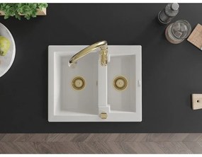 Mexen Carlos, 1,5-komorový granitový drez 582x475x177 mm a drezová batéria Savita, biela, 6518-20-672601-50