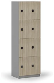 Drevená šatníková skrinka s úložnými boxmi, 8 boxov, kódový zámok, sivá/dub prírodný