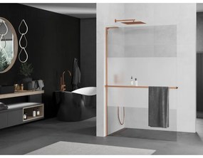 Mexen Kioto+ L, sprchová zástena Walk-In s poličkou a vešiakom 70 x 200 cm, 8mm číre sklo-námraza, ružové zlato profil, 800-070-123-60-35