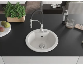 Mexen Diego, 1-komorový granitový drez 488x488x167 mm a drezová batéria Aster, biela, 6512-20-73450-07