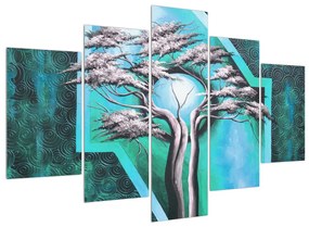 Orientálny modrý obraz stromu a slnka (150x105 cm)