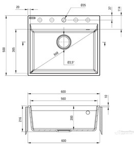 Deante Corio, 1-komorový granitový drez 600x500x216 mm, šedá metalíza, DEA-ZRC_S10A