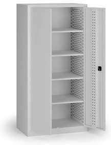 Policová dielenská skriňa na náradie KOVOS, perforovaný panel, 4 police, 950 x 600 x 1950 mm, sivá