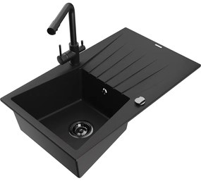 Mexen Cesar, granitový drez 775x470x190 mm, 1-komorový a čierna matná batéria Duero, čierna, 6514-77-671600-70-B