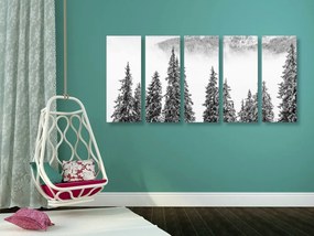 5-dielny obraz zasnežené borovicové stromy v čiernobielom prevedení - 100x50