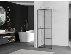 Mexen Kioto, sprchová zástena Walk-In 90 x 200 cm, 8mm číre sklo čierny vzor, brúsená oceľ profil, 800-090-101-97-77