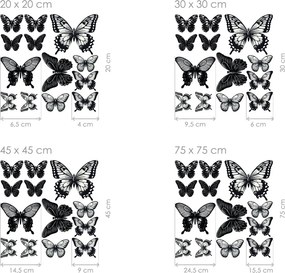 Motýle čierne 13 ks textilní prelepiteľné nálepky na stenu list 30 x 30 cm