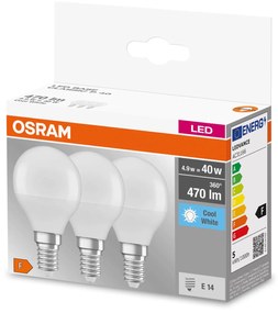 OSRAM LED kvapka E14 4,9W Base P40 840 matná 3ks