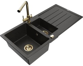 Mexen Andres, granitový drez 1000x500x200 mm, 1,5-komorový + zlatá batéria Duero, čierna-zlatá metalíza, 6515-75-671600-00