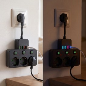 Toolight Toolight, JNH018, zásuvkový rozbočovač 3 zásuvky + 3× USB-A + USB-C s LED svetlom, čierna, OSW-56307