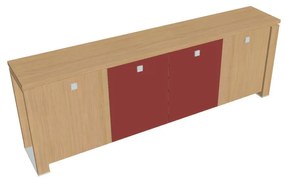 Nízka skriňa Verno+ S 260 x 46 x 90 cm, kombinované dvere, dub svetlý / červená