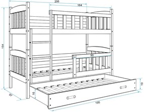 Poschodová posteľ s prístelkou KUBO 3 - 200x90cm Grafitová - Biela