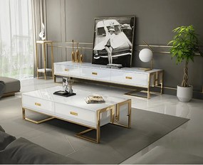 LUXUSNÝ TV STOLÍK KAREN BIELÝ LESK + ZLATÝ