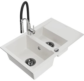 Mexen Gaspar, 1,5-komorový granitový drez 737x475x177 mm a drezová batéria Aster, biela, 6507-20-73450-07-B