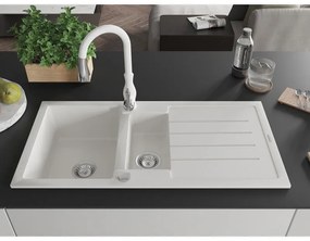 Mexen Andres, 1,5-komorový granitový drez 1000x500x200 mm a drezová batéria Savita, biela, 6515-20-672601-20